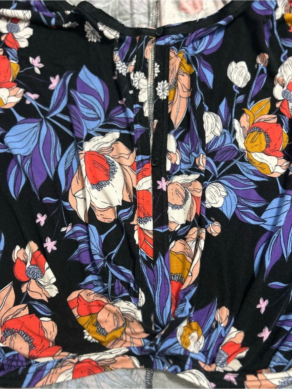 Free People Boho Blouse XS Black Blue Floral Tie Cuff Long Sleeve Button Front